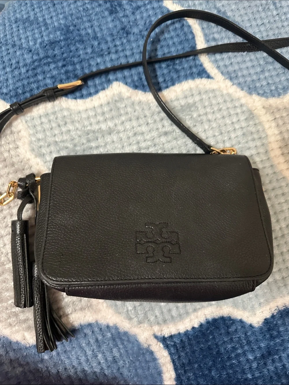 Tory Burch Black Leather Crossbody with Tassel and Gold Hardware